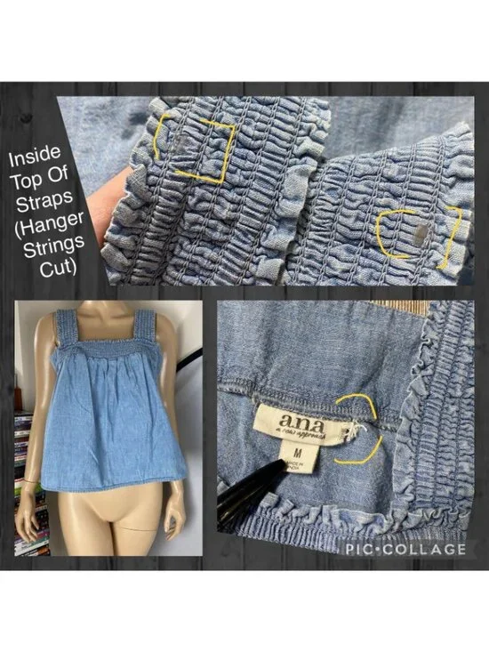A.N.A Tank Top Womens M Blue Chambray Square Neck Smocked Spring Summer Casual - Picture 12 of 12